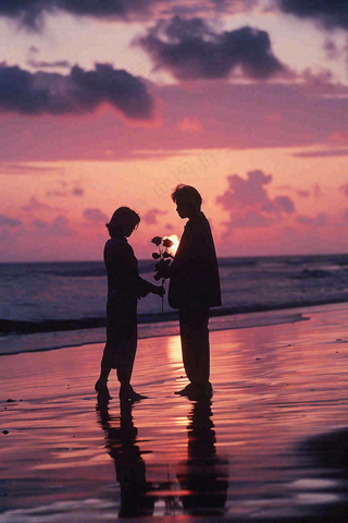 浪漫夕阳晚霞海边情侣情人节七夕摄影图