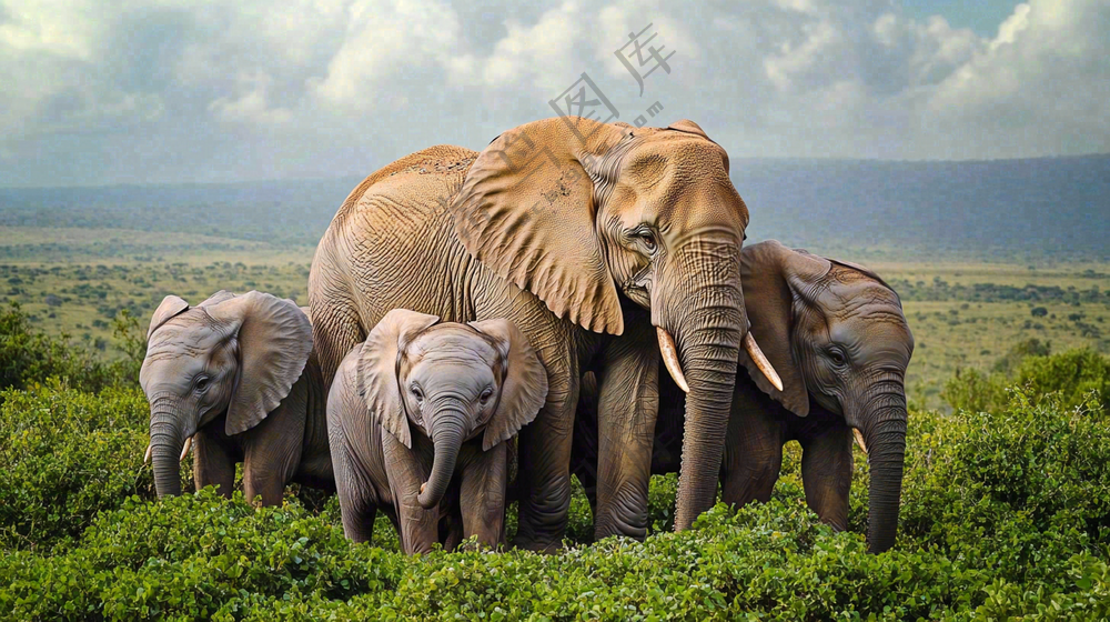 a herd of elephants standing on top of a lush green field, a portrait by Matt Stewart, pixabay, renaissance, elephants, african elephants in the jungle, a photo of an elephant