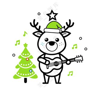 动物简约线条圣诞节弹琴庆祝小鹿