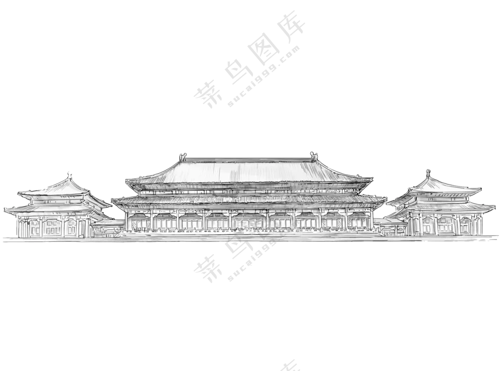 手绘线描效果的古建筑免抠图片素材
