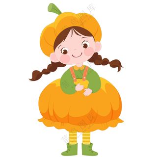 万圣节穿南瓜服装可爱女孩儿童节日装扮卡通插画