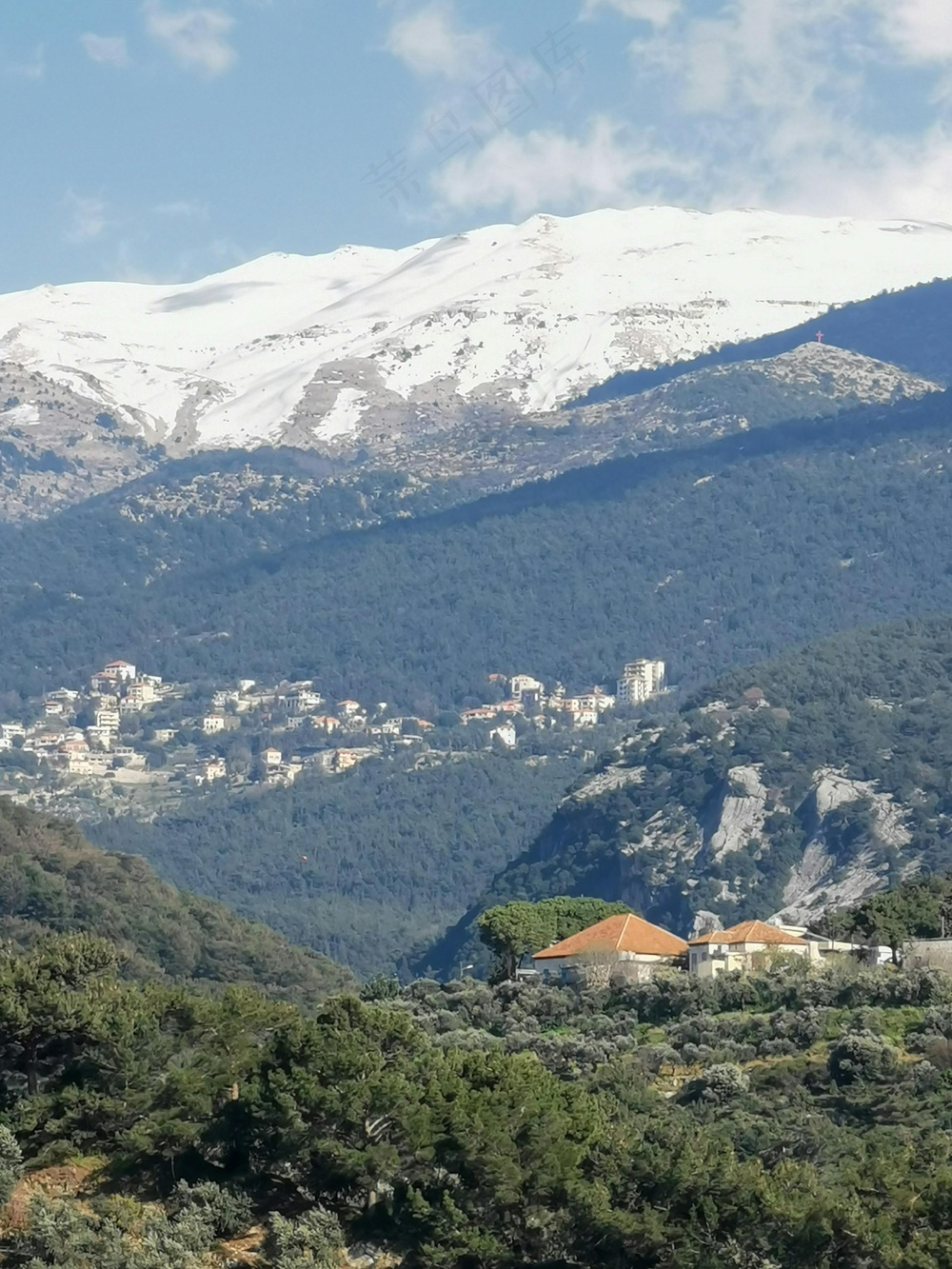 雪山下的宁静村庄