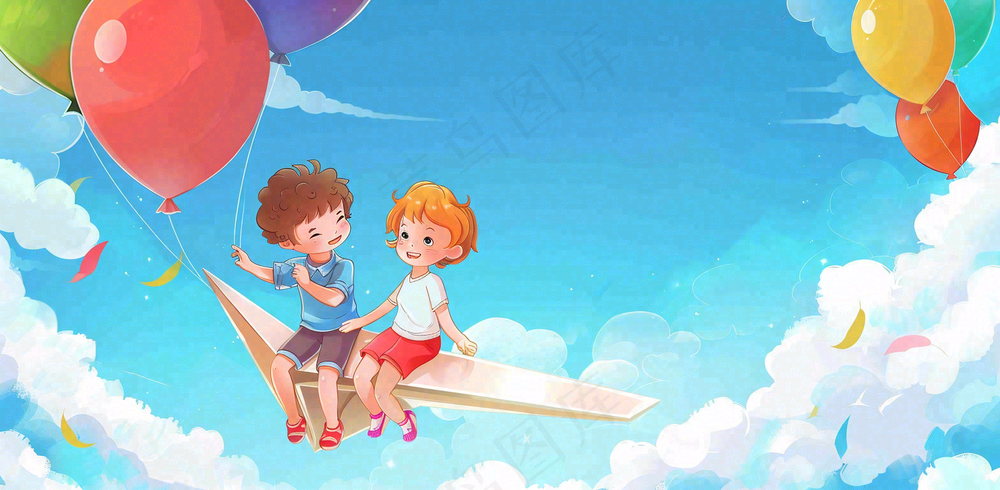 白云蓝天坐着纸飞机的儿童天空儿童节卡通插画背景