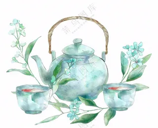 水彩茶壶茶杯插画免抠