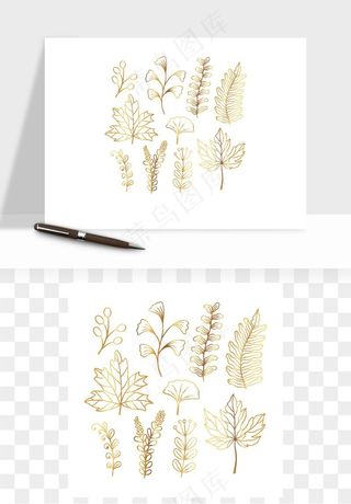 手绘金色叶子矢量png免抠