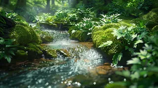 山涧溪流夏日清凉解暑苔藓植物小花立夏夏至摄影图