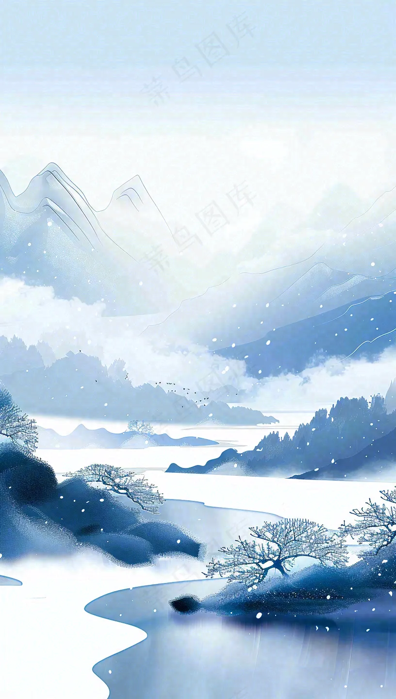 冬天白雪覆盖寒冷唯美雪景小寒插画背景