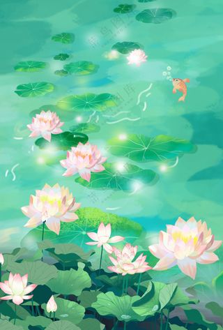 绿色小清新唯美水彩荷花背景板