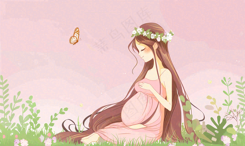草丛鲜花里的孕妈妈唯美场景母爱母亲节粉色插画背景