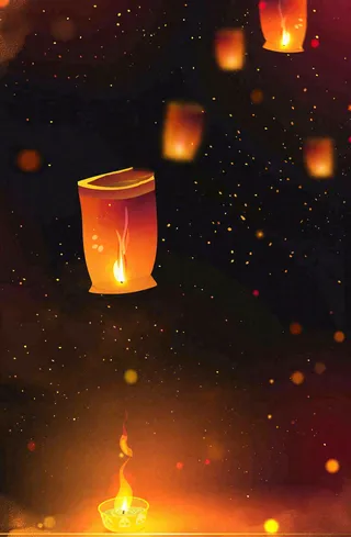 夜晚点灯孔明灯祈福中元节寒衣节插画背景