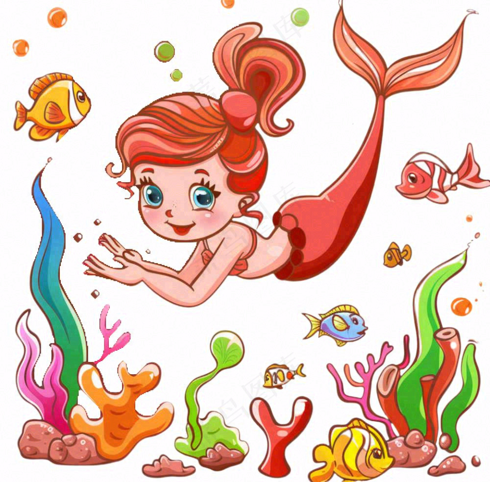 海洋美人鱼珊瑚鱼童话卡通插画免抠