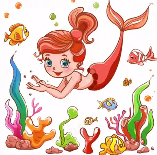 海洋美人鱼珊瑚鱼童话卡通插画免抠