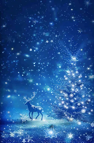 夜晚蓝色星空月亮麋鹿圣诞树平安夜圣诞节梦幻插画背景