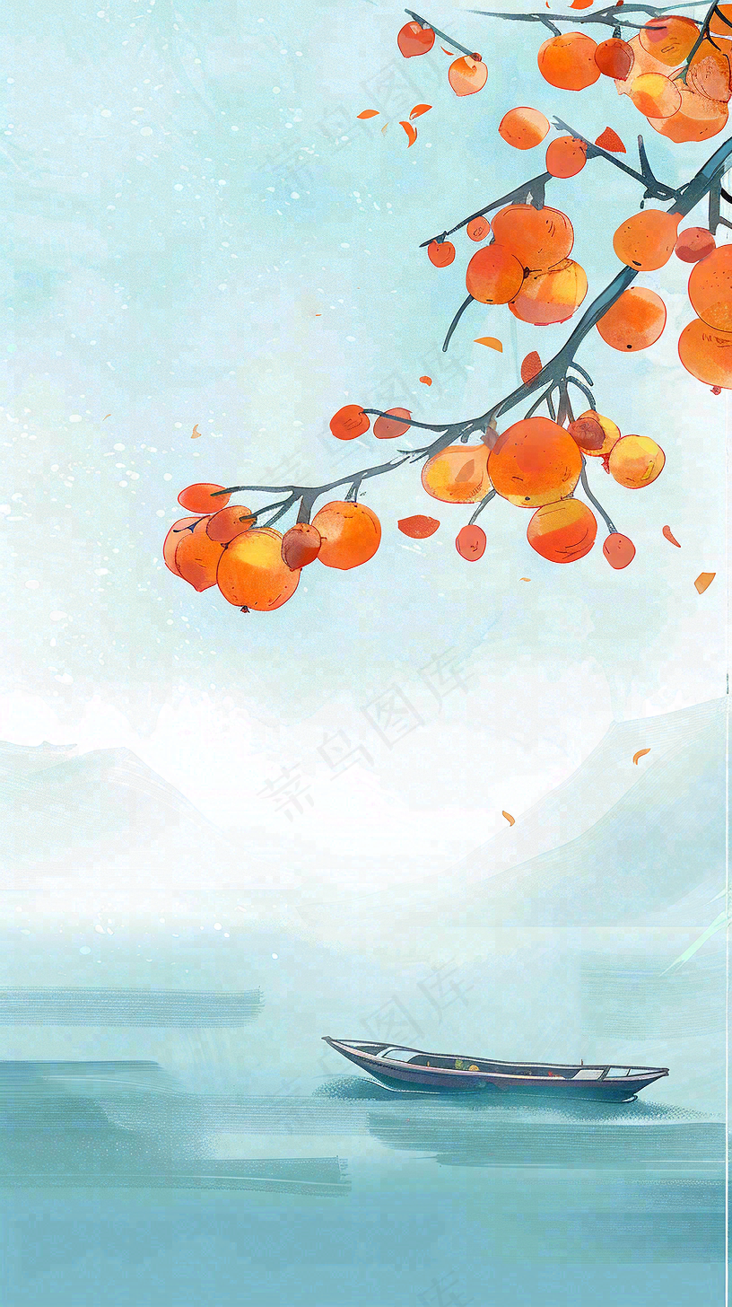 中国风山水画柿子树船只霜降插画背景