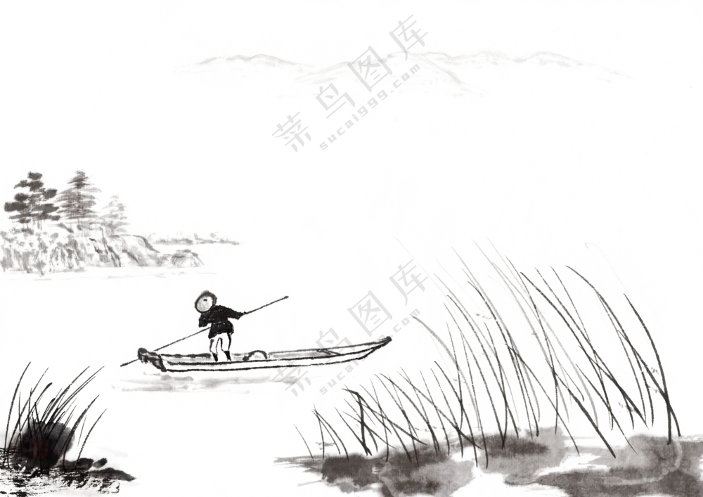 草丛树木与湖面上的撑船人免抠图片