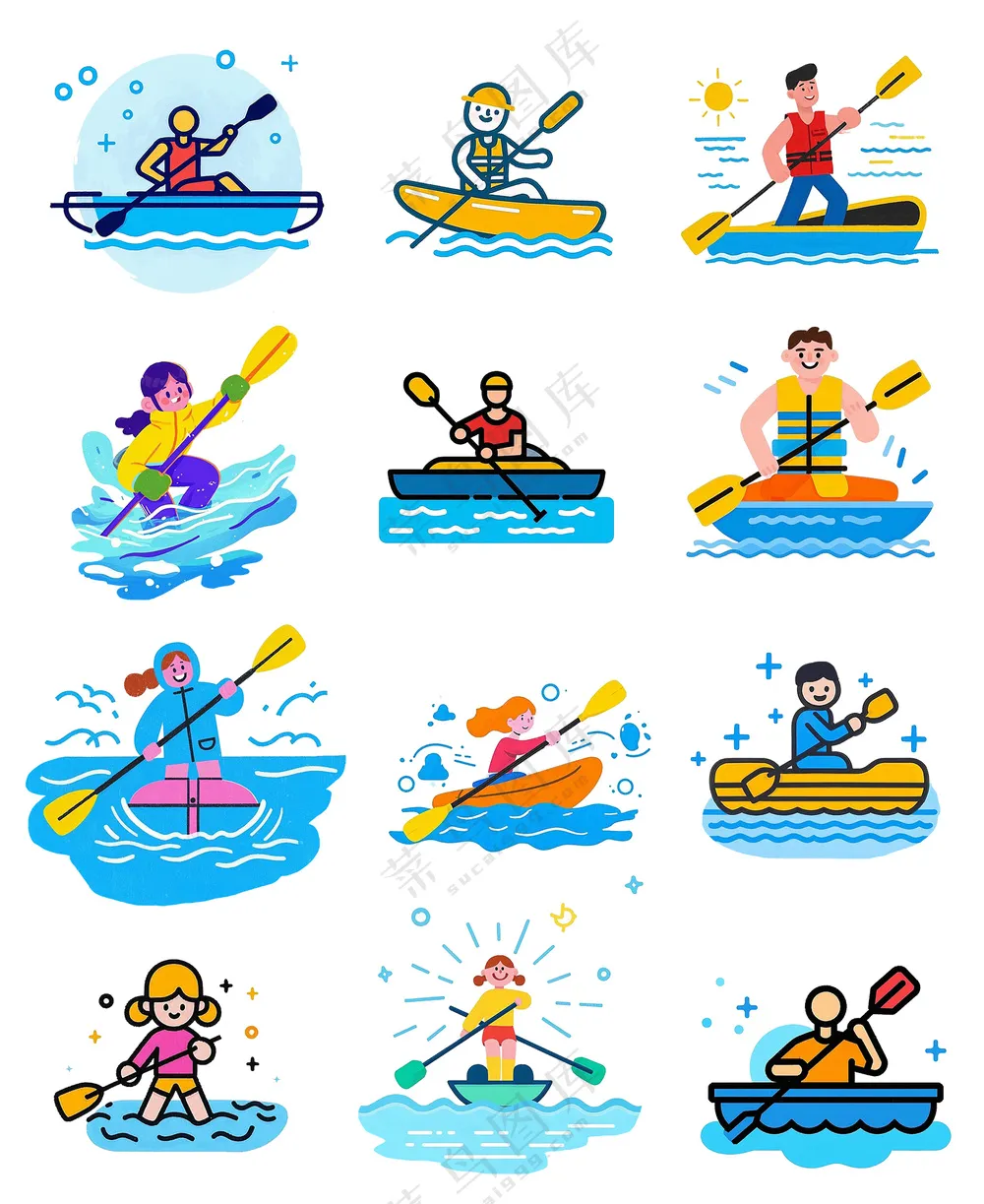 双桨皮划艇运动插画元素大合集