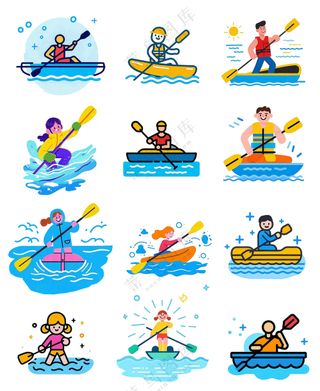 双桨皮划艇运动插画元素大合集