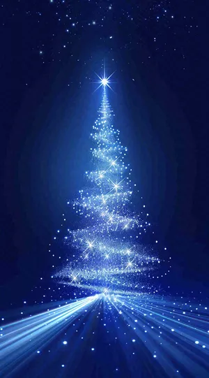 夜晚蓝色星空下发光的圣诞树梦幻平安夜插画背景