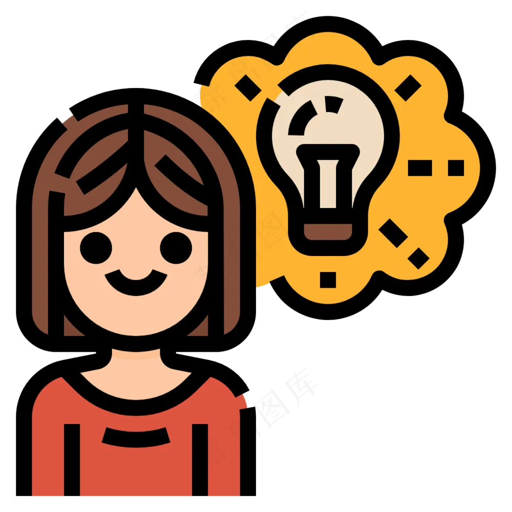 女生突发灵感 灯泡 线性彩色图标