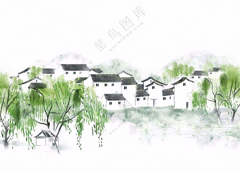 江南水乡水墨画村落柳树插画免抠