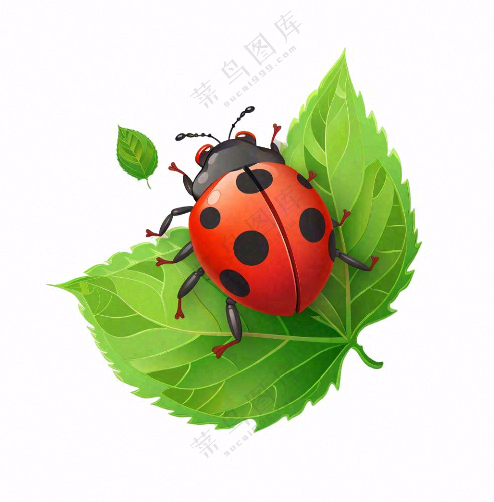 昆虫七星瓢虫绿叶卡通插画免抠