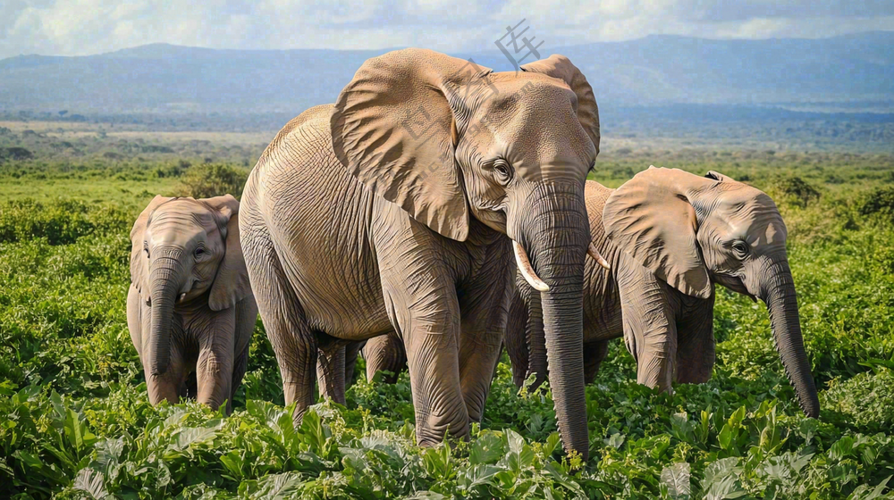 a herd of elephants standing on top of a lush green field, a portrait by Matt Stewart, pixabay, renaissance, elephants, african elephants in the jungle, a photo of an elephant