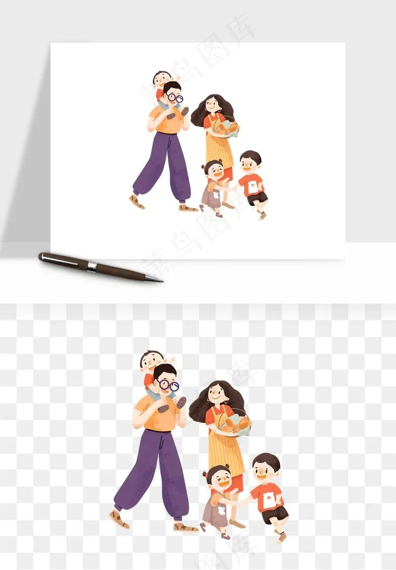 手绘一家人家庭拜年png免抠