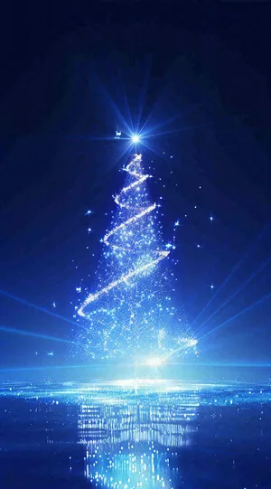 夜晚蓝色星空下发光的圣诞树梦幻平安夜插画背景