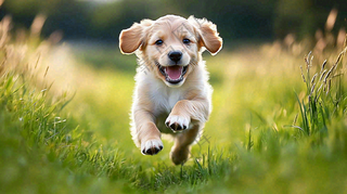 草丛里飞奔的金毛小狗宠物动物摄影图