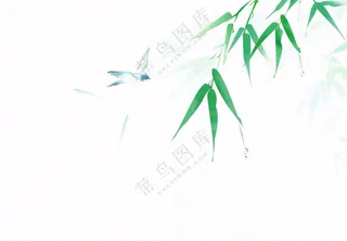 春天绿竹随风青鸟水墨画插画免抠