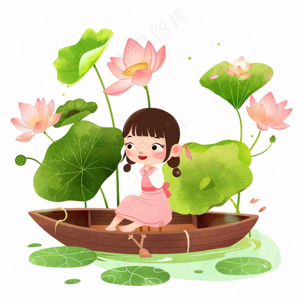 夏天池塘荷花荷叶划船的小女孩卡通插画免抠