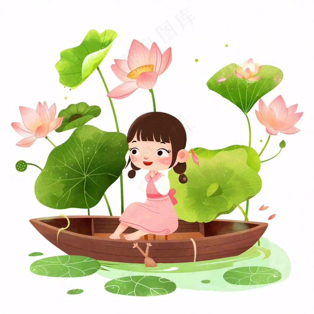 夏天池塘荷花荷叶划船的小女孩卡通插画免抠