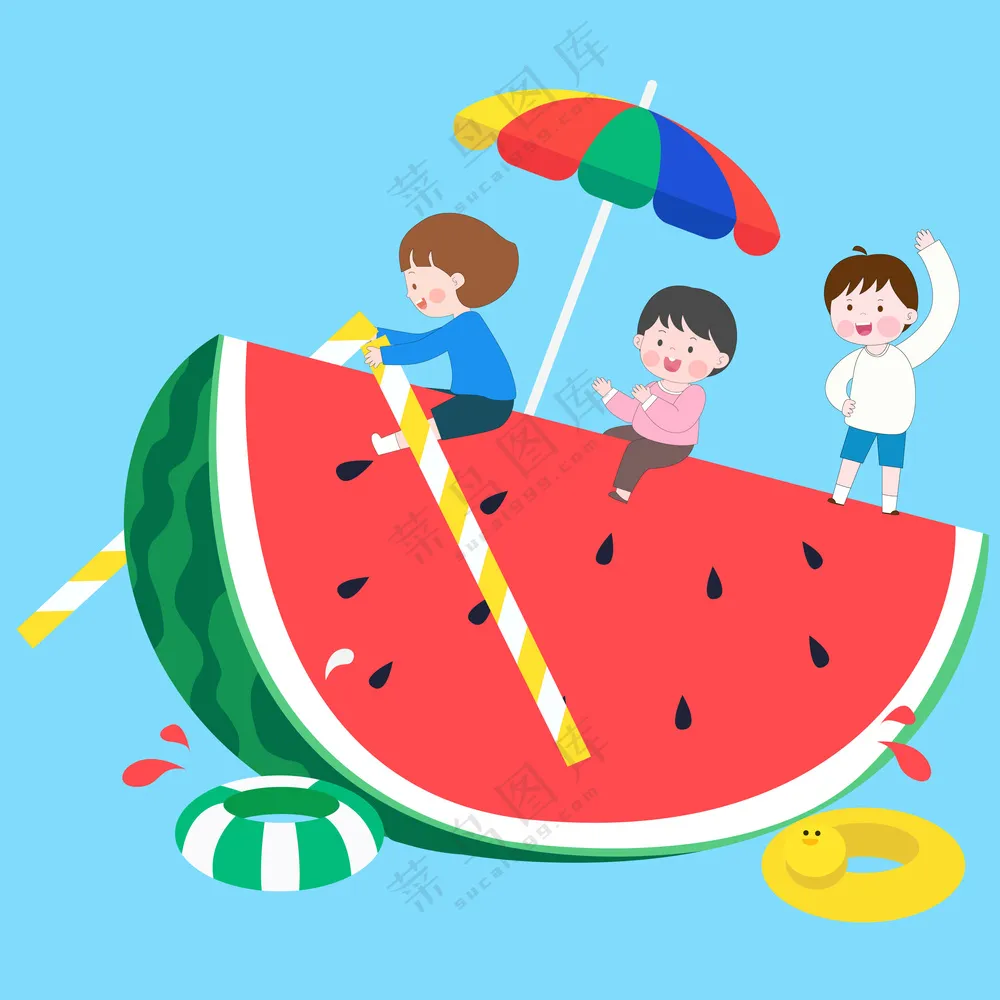 卡通儿童夏季暑假吃西瓜划船玩耍矢量插画