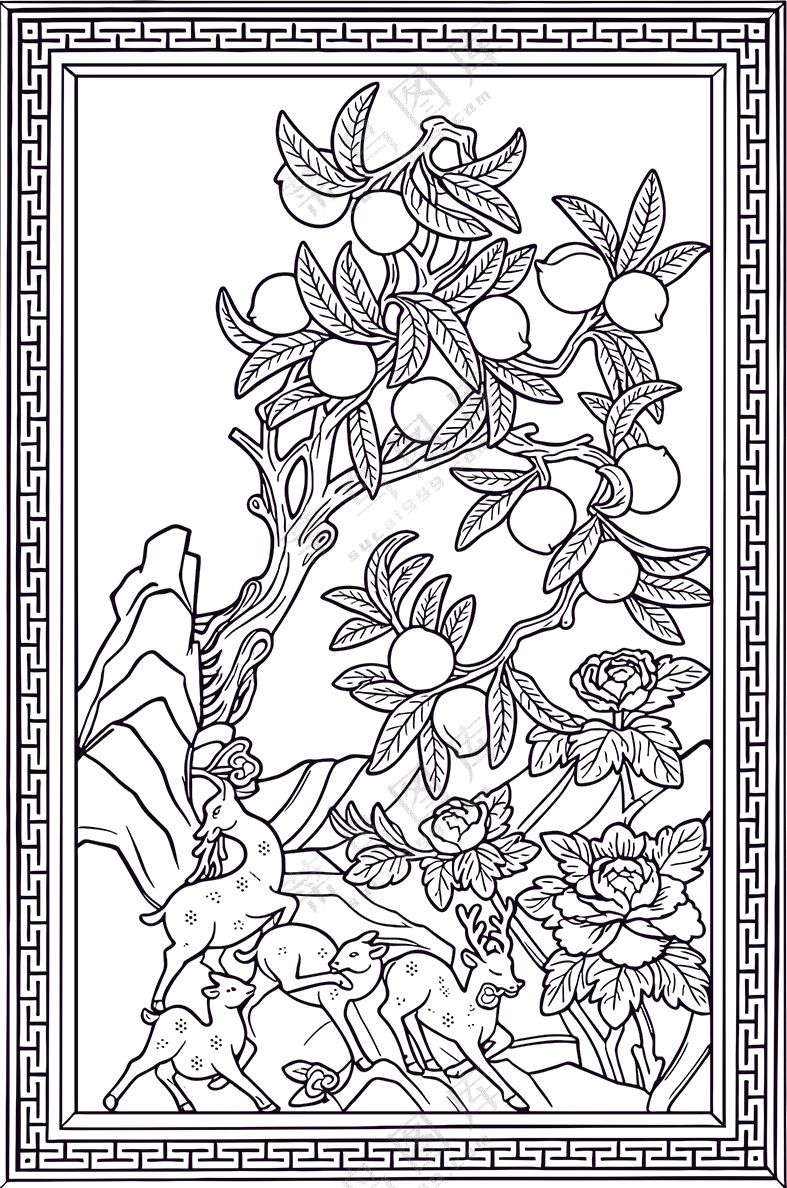 简约传统图案鹿与寿桃