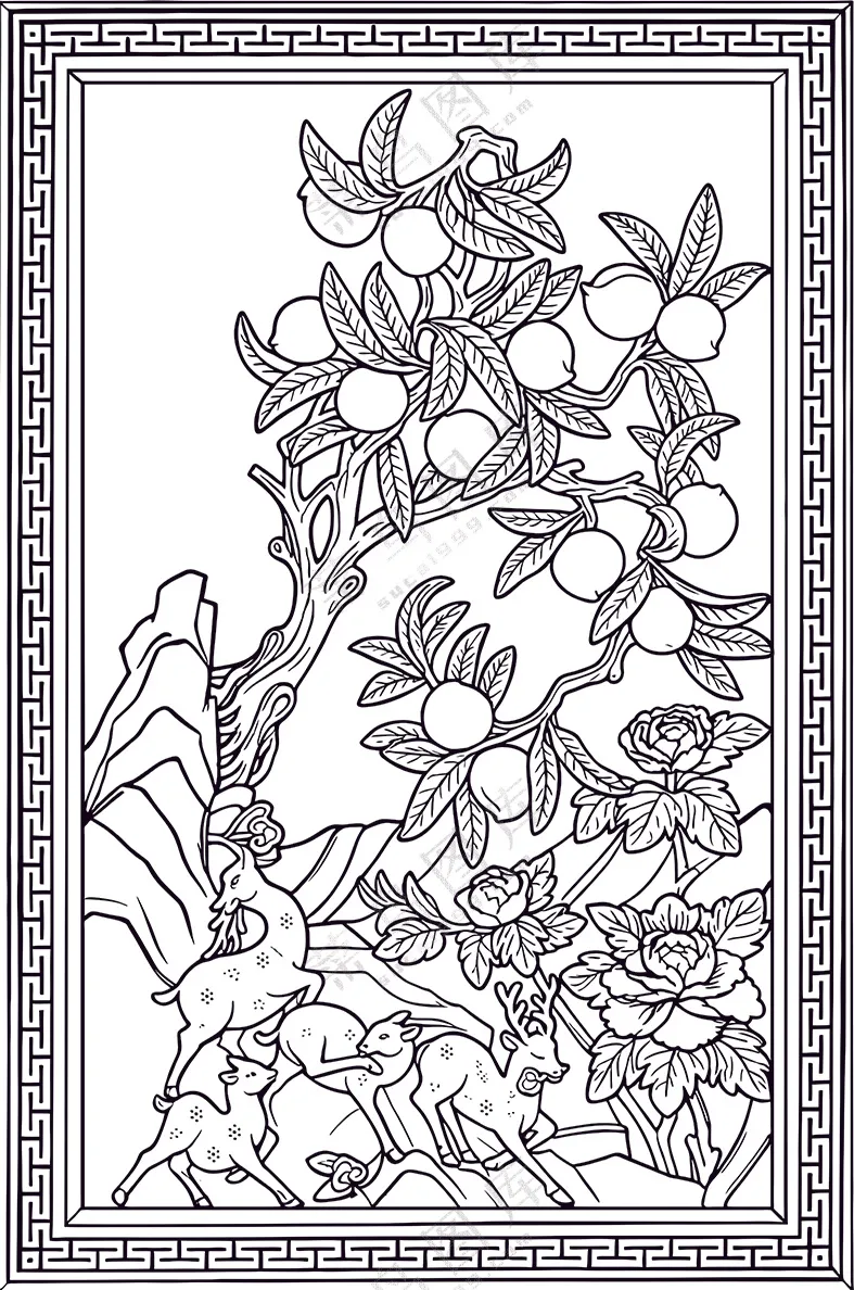 简约传统图案鹿与寿桃