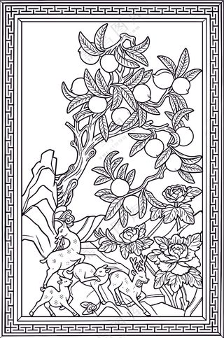 简约传统图案鹿与寿桃