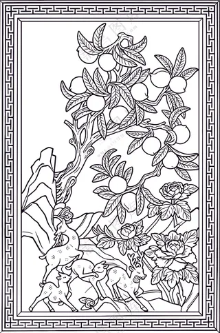 简约传统图案鹿与寿桃