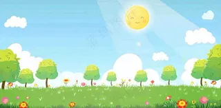 太阳白云草坪大树儿童节卡通插画背景