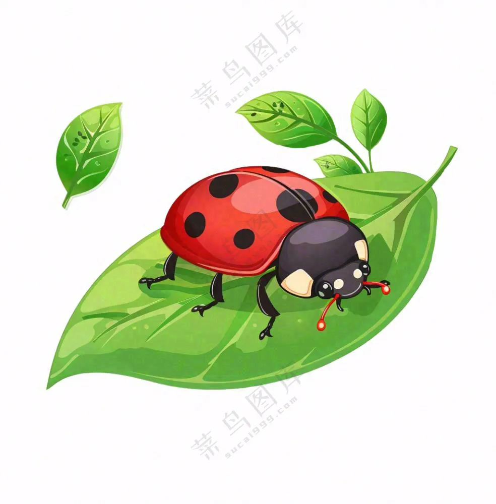 昆虫七星瓢虫绿叶卡通插画免抠