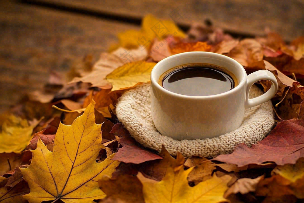 秋天下午茶咖啡落叶毛衣摄影图