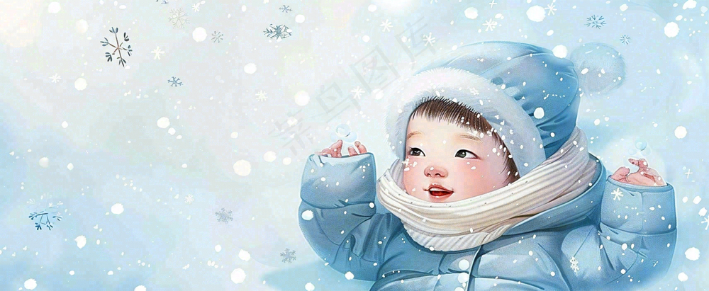 冬季雪地里玩耍的男孩堆雪人可爱卡通插画小雪大雪小寒大寒背景