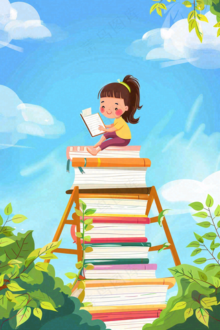 坐着书本课本堆砌上学习的学生孩子创意世界读书日卡通插画背景