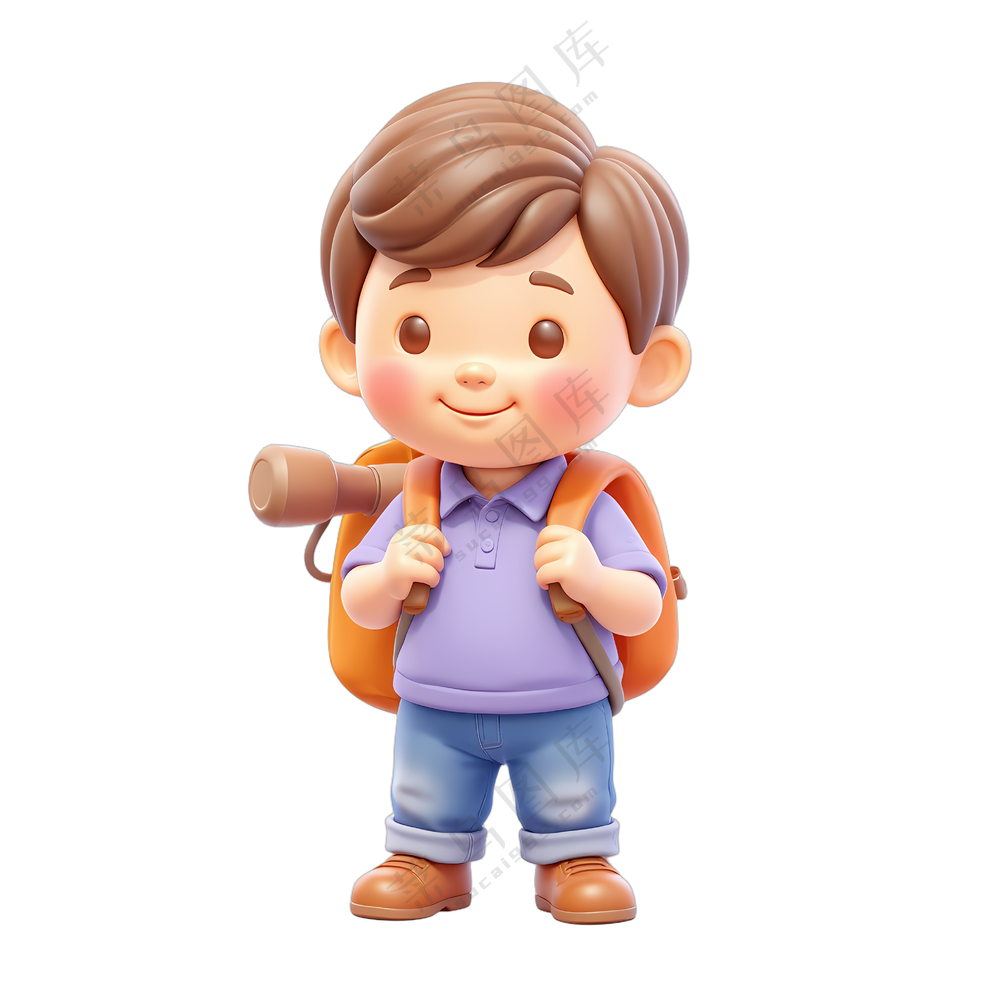 一个背着背包的男孩穿着紫色衬衣和蓝色牛仔裤