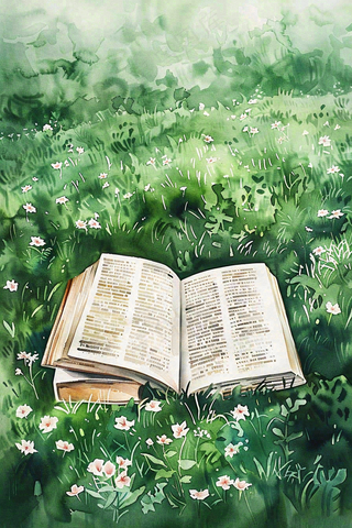 草丛花丛里的书本阅读世界读书日水彩插画背景