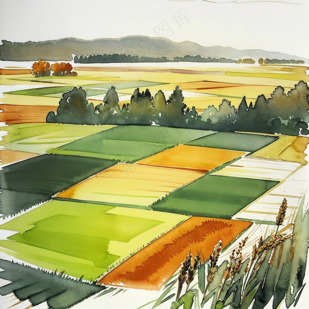 乡村农田 水彩风景画