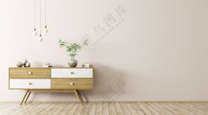 现代客厅与木制侧板灯泡米黄色墙壁3D渲染