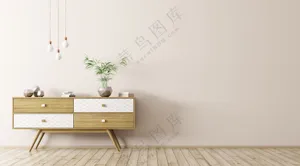 现代客厅与木制侧板灯泡米黄色墙壁3D渲染