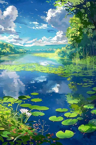 春夏蓝天白云下的森林河流湖泊立夏小暑插画背景