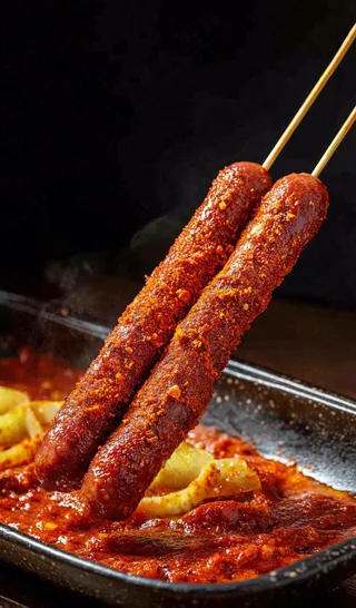 烤火腿肠煎辣椒面香辣美食小吃摄影图