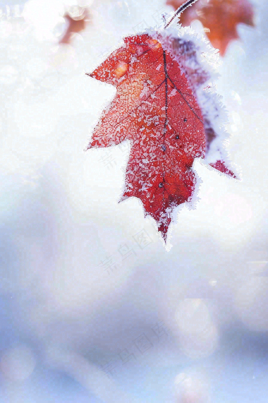 结满白霜雪花的树叶霜降摄影图